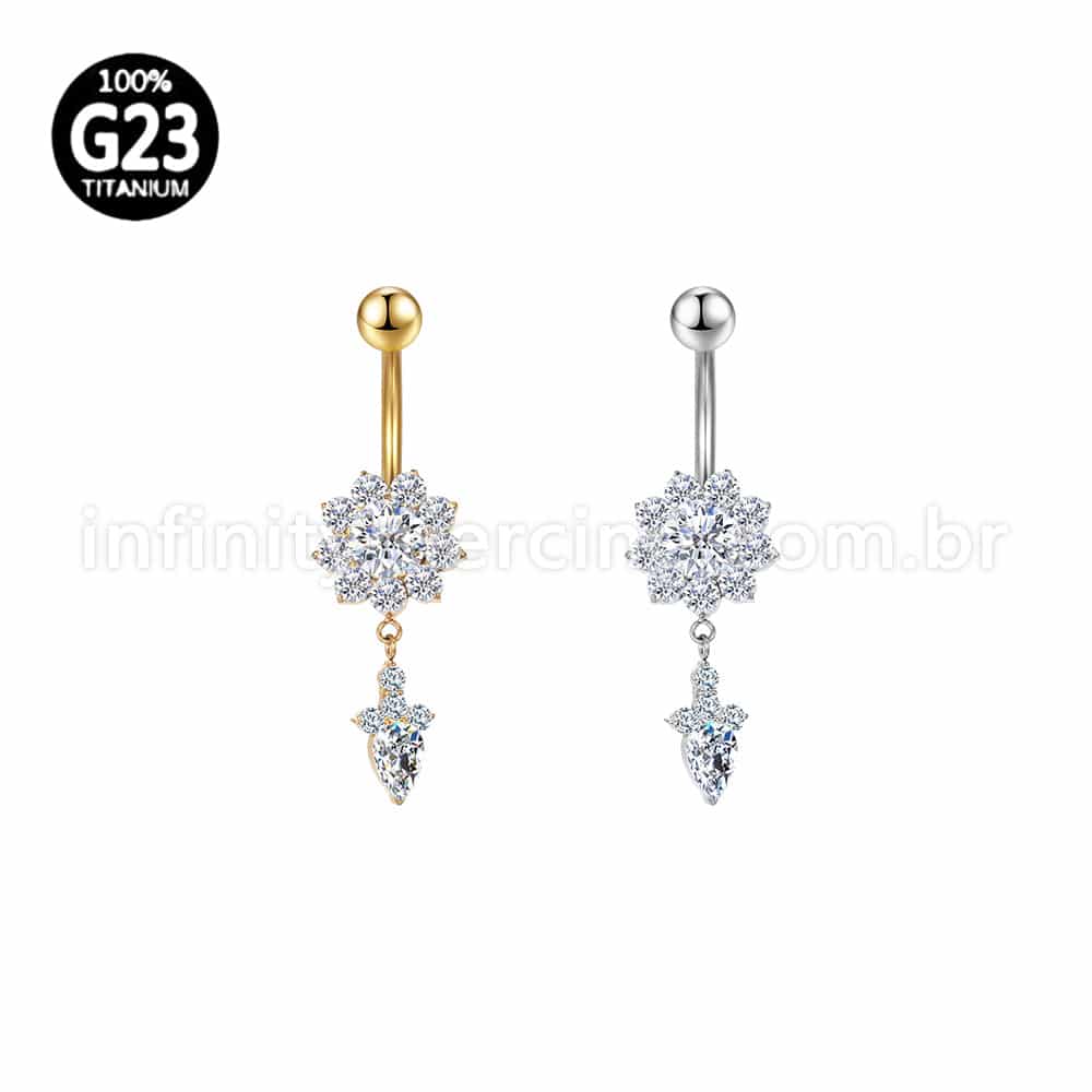 Piercing Banana Titânio Flor Zircônia Com Pingente
